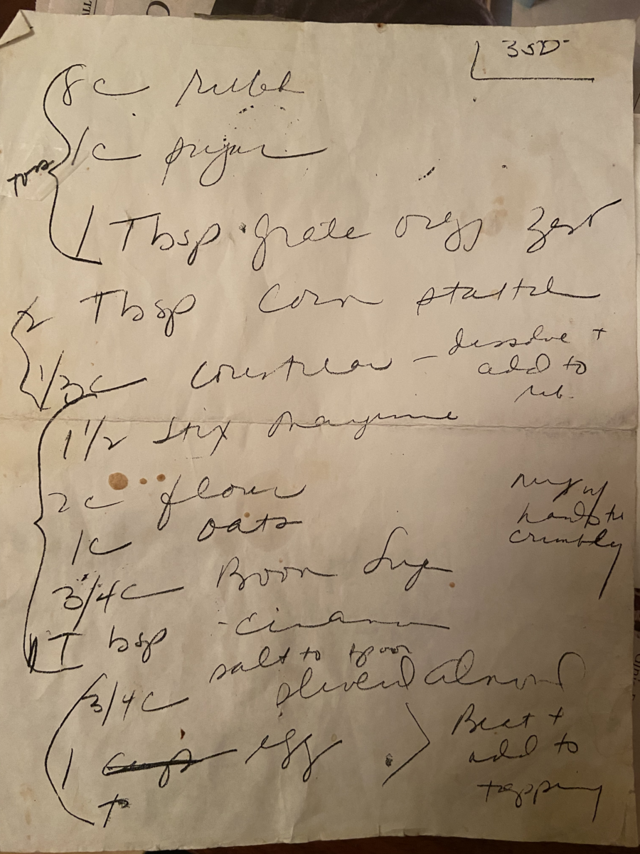 Handwritten Rhubarb Cobbler recipe from Liz Neumark